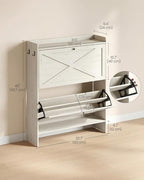 VASAGLE Shoe Storage Cabinet Organizer with 2 Flip Drawers, Freestanding Narrow Shoe Rack Cabinet for Entryway, Farmhouse Style, Fits 14 to 16 Pairs, Rustic White UHSC203WJ01S