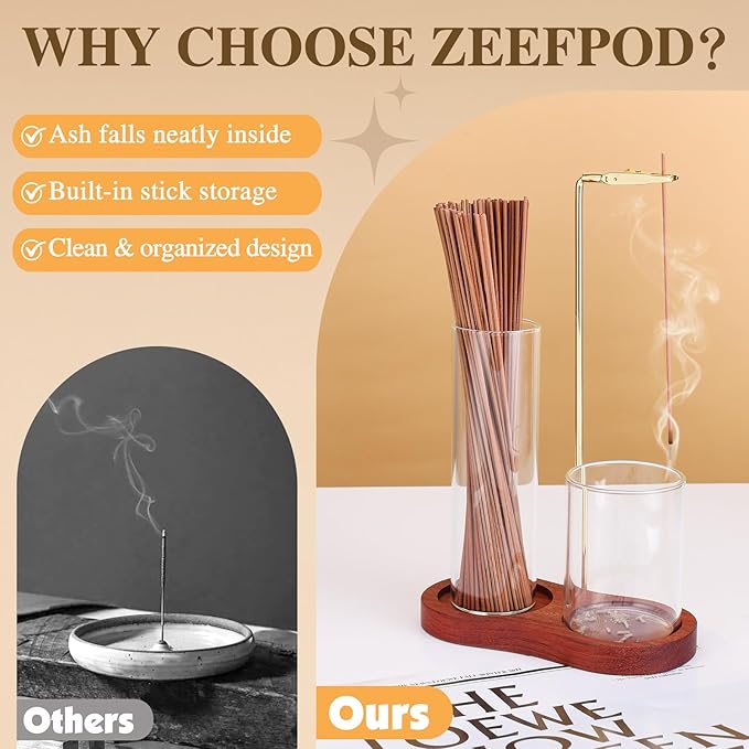 2 in 1 Incense Holder for Sticks with Glass Ash Catcher, Upside Down Anti-Ash Incense Stick Burner for Outdoor Patio, Modern Vertical Incense Holder for Home Decor, Spa, Meditation and Reddish Brown