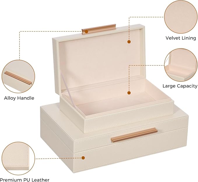 Decorative Box, Decorative Boxes with Lids 2-Set, Memory Box for Keepsakes, Beautiful PU Leather Decorative Storage Boxes in Style, Decor Box with Rose Metal Handle, Store Photos, Documents Beige