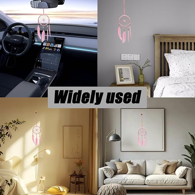 Pine & Linen Handmade Dream Catcher,Bohemian Style Car Rearview Mirror Hanging Charms Feather Pendant,Good Luck Charm for Car Accessories/Wall Hanging/Women/Gift(Pink)