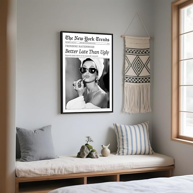 Framed Better Late Than Ugly Wall Decor Vintage Newspaper Wall Art Black and White Fashion Poster Audrey Hepburn Chic Decor New York Trends Glam Quote Canvas Print for Bedroom Bathroom Dorm 12x16inch