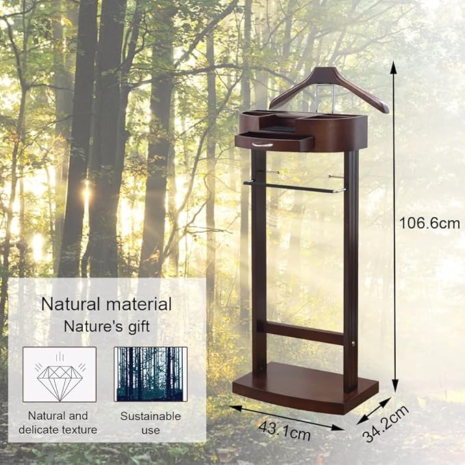 Suit Valet Stand for Men, Freestanding Clothes Valet Stand with Base, Walnut Color