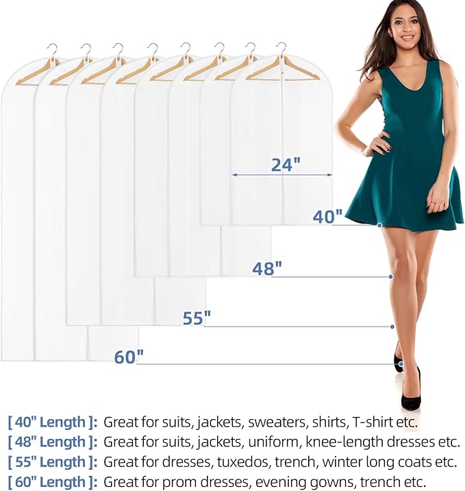 60" Dress Bags for Gowns, 5 Packs All Clear Garment Bags for Hanging Clothes, Plastic Waterproof Dress Cover with Zipper for Dresses, Coats, Uniforms (Set of 5)