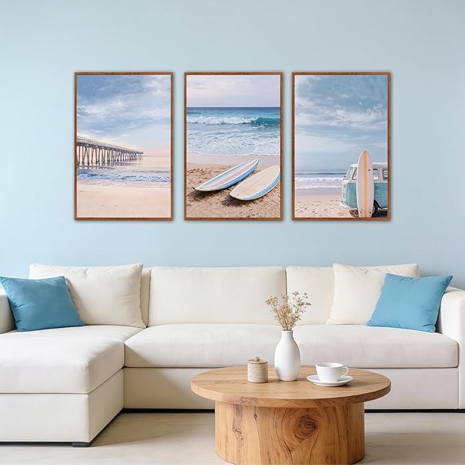 KAlRNE Coastal Seascape Wall Art Set of 3(24”X36”),Modern Ocean Beach Wall Decor,Seaside Holiday Surfboard Framed Canvas Paintings,Vintage Bridge Blue Bus Art Prints For Living Room Bedroom Office