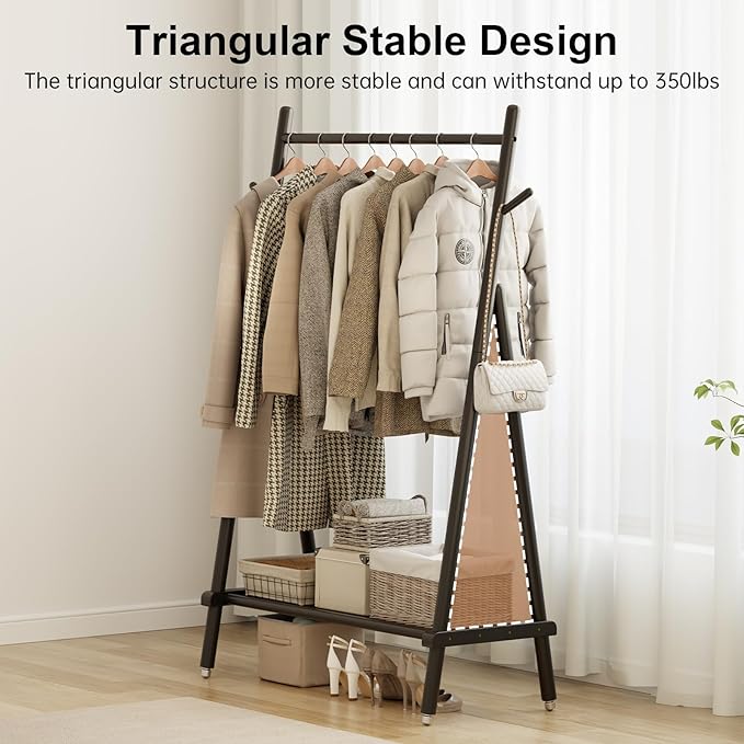Solid Wood Clothing Rack, Rolling Clothes Rack for Hanging Clothes, Garment Rack with Shelves Load 350 Lbs, Portable Closet Organizer on Wheels for Hanging Clothes (Black)