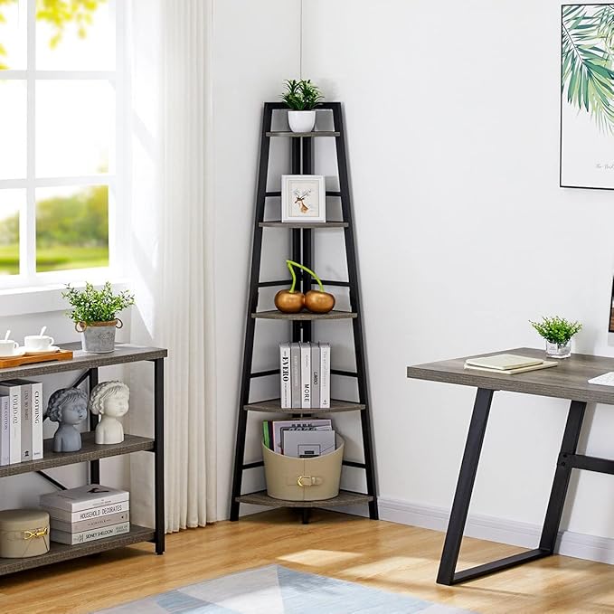 BON AUGURE Rustic Tall Corner Bookshelf, 5 Tier Wood and Black Metal Corner Ladder Shelf, Industrial Corner Bookcase and Gray Corner Shelf for Living Room, Bathroom, Kitchen (Dark Gray Oak)