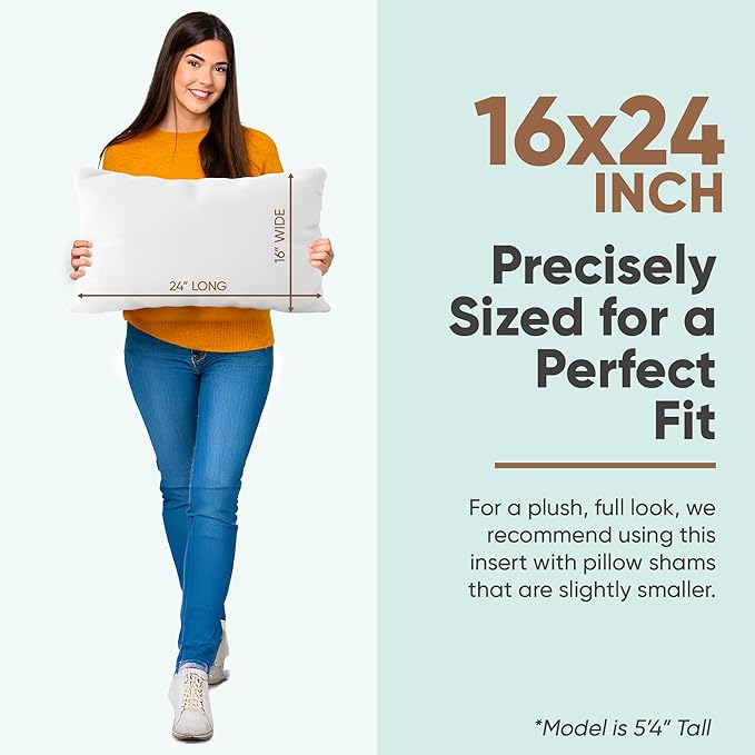 Pillowflex Synthetic Down Pillow Insert - 16x24 Down Alternative Pillow, Ultra Soft, Large Standard Rectangle, Lumbar, Back, Sleeping Pillow - 1 Decorative Pillow Form