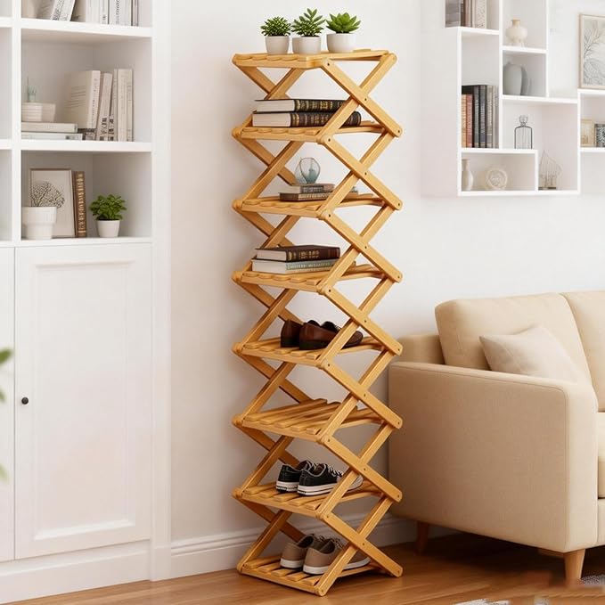 2/3/4/5/6/7/8/9 Tier Bamboo Folding Shoe Rack,2026 New Bamboo Foldable Shoe Rack,no Installation Required,Vertical Multi-Layered Organizer,Space-Saving for Entryways& Balconies (Primary Color, 5)