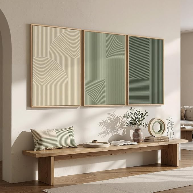 Large Framed Green and Neutral Beige Abstract Wall Art for Living Room, 3 Piece Modern Canvas Prints Paintings, Minimalist Geometric Line Pictures for Hallway Dining Bedroom Office Wall Decor 24x36 In