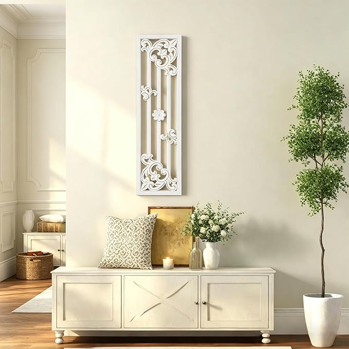 Sintosin Vintage Decorative Wood Panels for Walls 41 Inch, Hanging Distressed White and Gold Wall Art Decor, Handmade Rustic Floral Wood Wall Pediments for Living Room Bedroom Kitchen Hallway