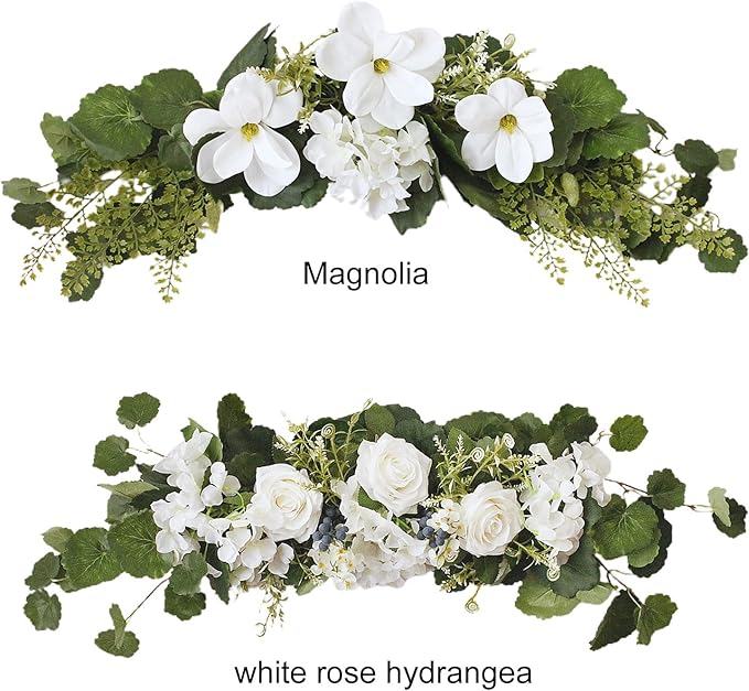 29.5in Artificial Peony Floral Swag, Simulation Mixed Flower Lintel Wall Hanging Faux Floral Swag Wreath with Green Leaves, Wedding Arch Garland for Ceremony Table Centerpiece (Magnolia)