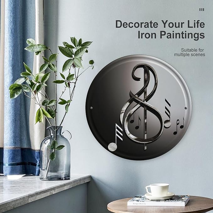 Wall Picture, with Music Symbol Printed Circular Iron Hanging Picture,Wall Art Decor,Home for Bedroom Living Room Bathroom Decor,Iron Painting 11.8X11.8 in