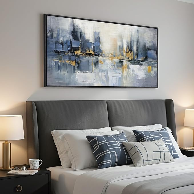 Framed Blue Abstract Wall Art for Living Room, Extra Large Modern Cityscape Canvas Artwork for Walls, Horizontal Contemporary Painting Print for Living Room Bedroom Office Wall Decor, 30x60 Inch