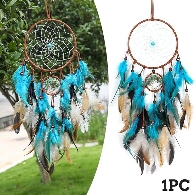 Dream Catcher, Blue Tree of Life with Feathers Dreamcatcher Wall Decor Indians Traditional Circular Net Hanging Decor for Home, Bedroom(Blue)