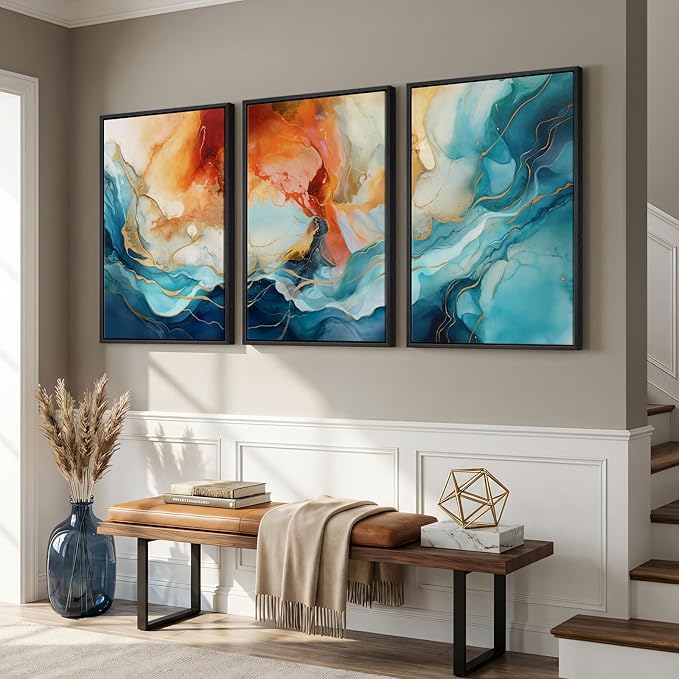 Large Framed Blue and Orange Abstract Wall Art for Living Room, Set of 3 Modern Canvas Prints Paintings Artwork for Walls, Bright Colorful Pictures for Bedroom Dining Room Hallway Wall Decor 24x36 In