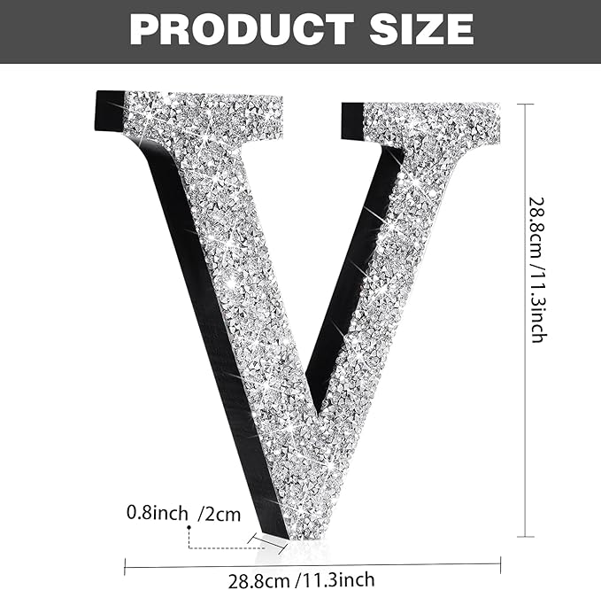 Qunclay 12'' Silver Crystal Diamond Bling Letters Crushed Diamond Decoration Wooden Glitter Letter with Screw and Hooks Rhinestone Gift for Wedding Y2k Mcbling Bedroom Wall Decor (Letter V)