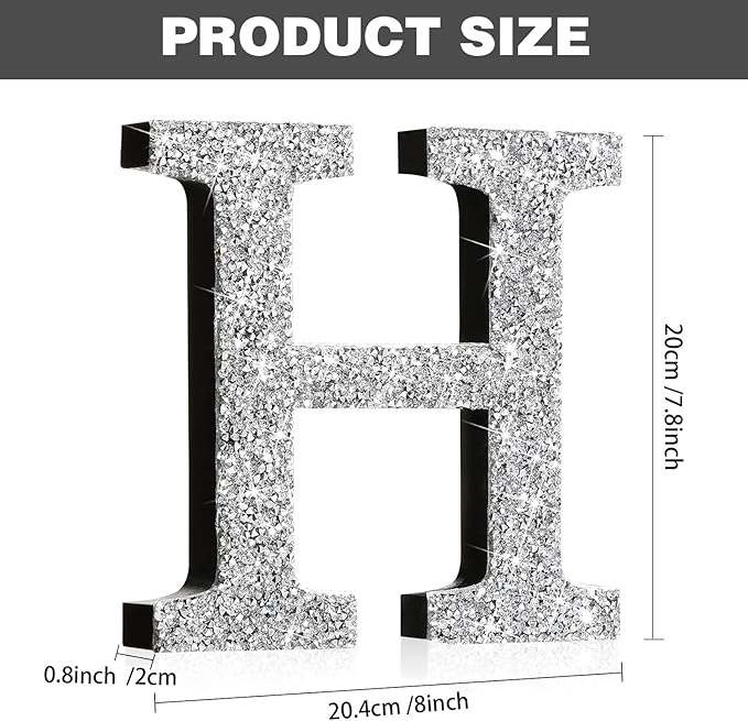 Qunclay 8'' Silver Crystal Diamond Bling Letters Crushed Diamond Decoration Wooden Glitter Letter with Screw and Hooks Rhinestone Gift for Wedding Y2k Mcbling Bedroom Wall Decor (Letter H)
