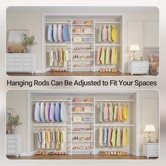 Timate S3X Expandable Wall Mounted Clothes Rack with 6 Adjustable Shelves & 4 Expandable Hanger Rods, Heavy Duty Industrial Pipe Clothing Rack for Hanging Clothes, Fits Spaces 5'11"- 8'10", White