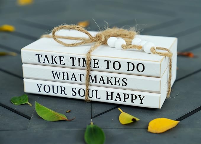 3 Pieces Wooden Decorative White Books, Rustic Farmhouse Faux Books for Coffee Table Shelves with Wood Bead Tassels and Leaves, 7'x 4.6'x 2.5' (Take Time to Do, What Makes, Your Soul Happy)