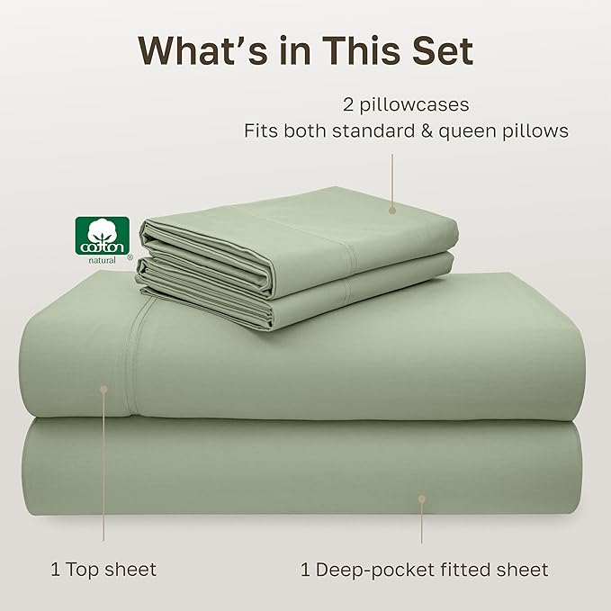 California Design Den Hotel Quality Full Size Sheets Set - Luxury 600 Thread Count Sateen, Natural 100% Cotton Bed Sheets, Fully Elasticized Deep Pockets, Crisp, Cool and Durable - Laurel Green