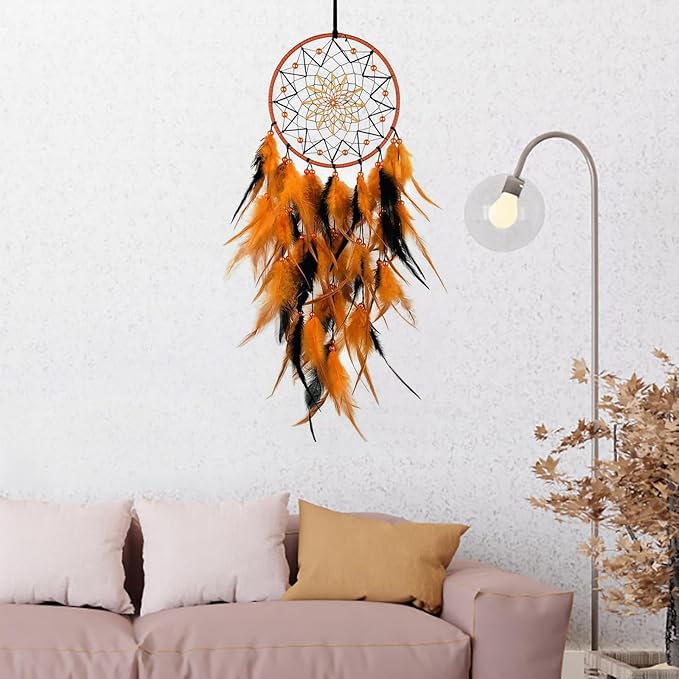 Black and Orange Dream Catcher Feather Dream Catchers Wall Decor Handmade Dreamcatcher Wall Hanging Ornament for Bedroom Living Room Home Decor