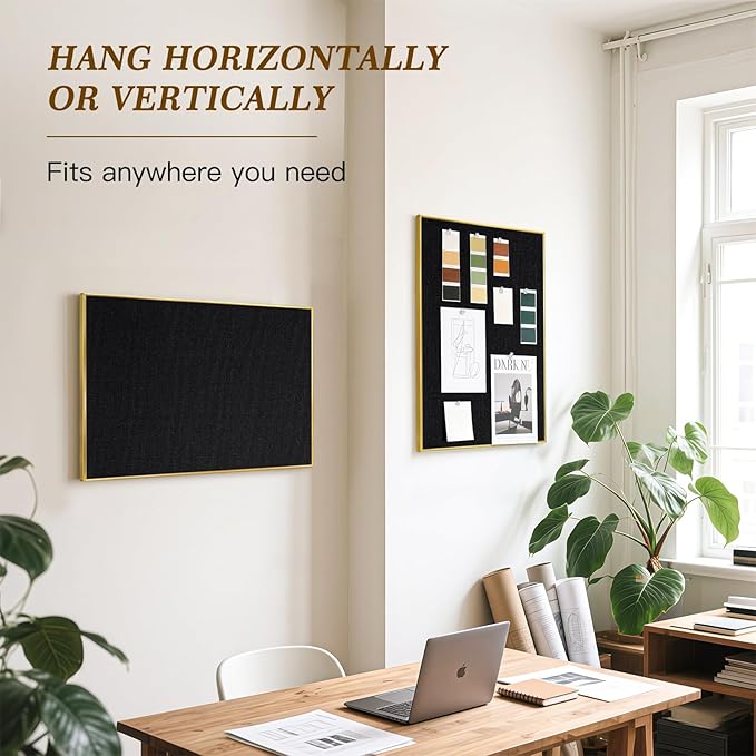 Linen Bulletin Board 30" x 20", Black Fabric Pin Board with Gold Aluminum Frame, Decorative Vision Board for Home Office, Bedroom & Dorm Wall Decor, Includes 10 Push Pins