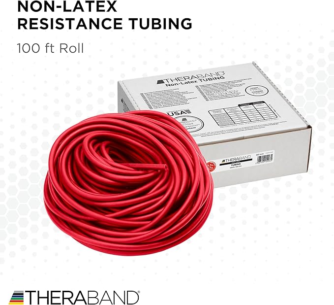 THERABAND Latex Resistance Tubing, Red, Medium Level 2, 100 ft Roll, Professional Grade Resistance Band for Exercise, Upper and Lower Body Workouts, Cut-to-Length, Color-Coded Levels
