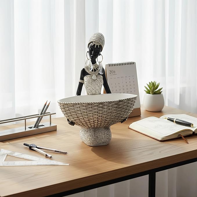 Lescafita Ivory White African Seated Woman Statue - Serene Tribal Figure with Crystal Earrings, Minimalist Resin Home Decor for Shelves/Desks (9" H)