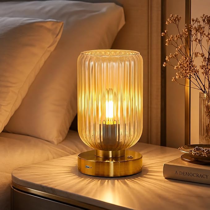 LightRound Table Lamp for Bedroom, Cordless Small Bedside Lamp, Touch Dimmable Rechargeable Lamp Battery Operated with Amber Glass Shades for Night Stands, Living Room, Desk, Bulb Included