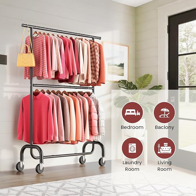 Heavy Duty Clothes Rack Load 600 LBS, Rolling Clothing Rack for Hanging Clothes with Lockable Wheels, Double Rod Garment Rack for Bedroom, Laundry, Clothing Store, Black