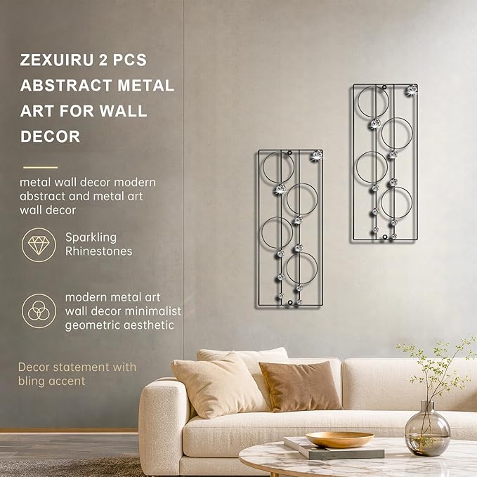 ZEXUIRU 2 Pcs. Abstract Metal Art for Wall Decor Living Room Bedroom Bathroom Office Metal Bling Modern Geometric Hanging Vertical Small Iron Sculpture Plaque Pack -Black 24in