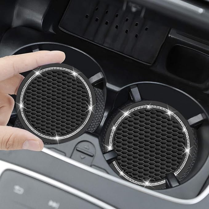 Car Coasters, 4 Pack Universal Vehicle Bling Car Coaster, COCASES Crystal Rhinestone Coaster for Cup Holders, Car Interior Accessories 2.75'' Silicone Anti Slip Car Coasters for Women (Black)