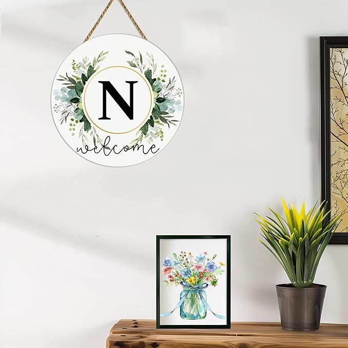 Monogram Letter N Wreaths for Front Door Wreath Wooden Welcome Sign for Front Door Decor Floral Family Last Name Initial House Warming Spring Summer Porch Rustic Wall Home Kitchen Boho Decorations