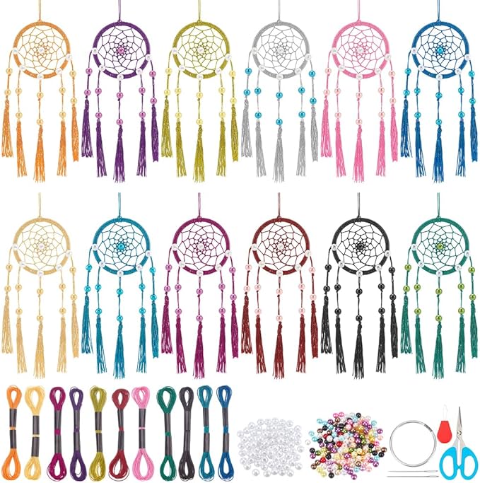INFUNLY 12 Set DIY Small Dream Catcher Kit Metallic Color Round Mini Dream Catcher Kit Handmade Dreamcatcher Kit with Instructions Boho Hanging Ornament Making Kit for Bedroom Car Mirror Keychain Bag