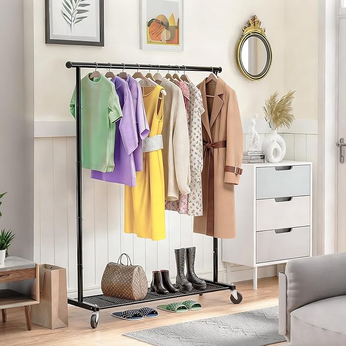 Clothes Rack for Hanging Clothes, 64.25 Inch Clothing Racks with Wheels, Portable Rolling Clothes Garment Rack for Bedroom, Laundry, Living Room, Black