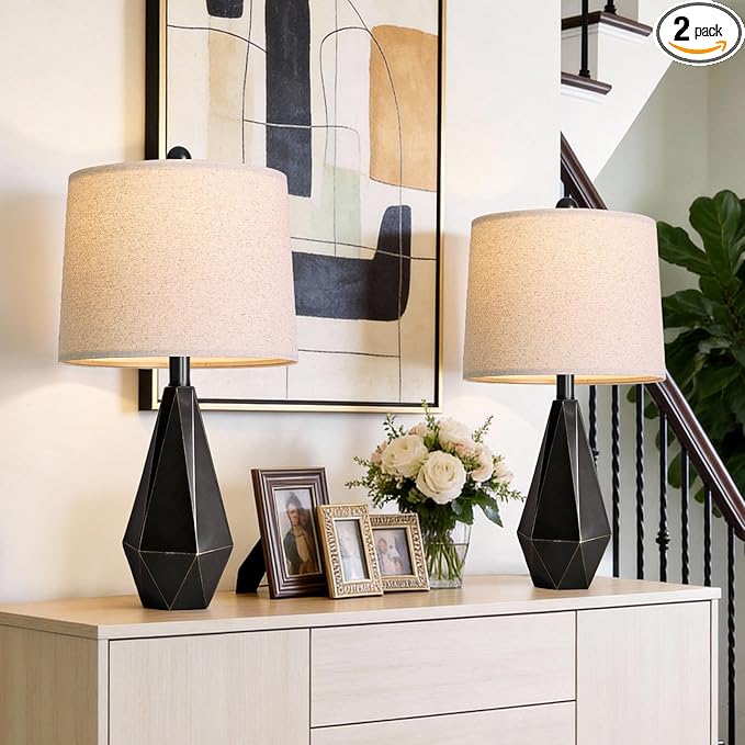 PoKat Table Lamps Set of 2 for Bedroom, 23.5'' High Farmhouse Nightstand Lamps for Living Room, Modern Bedside Lamps with Linen Shade for Office Sideboard Hallway Gift (Matte Black)