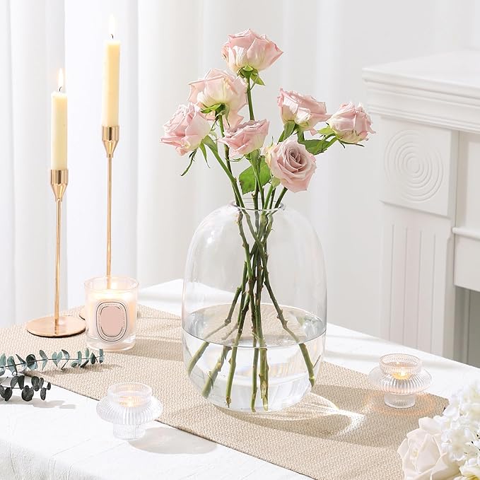 Large Glass Vase, 10 Inches Tall Glass Vases, Clear Glass Vase for Flower, Modern Round Vases for Living Room, Dining Table, Mantle, Shelf, Wedding, Office, Entryway
