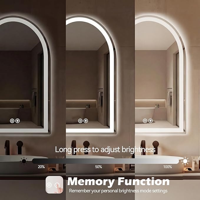 Sweetcrispy 24“ x 32” LED Bathroom Backlit Mirror with Lights, Arched Vanity Mirror with Anti-Fog, Dimmable, 3-Color Light, Memory Function, Tempered Glass
