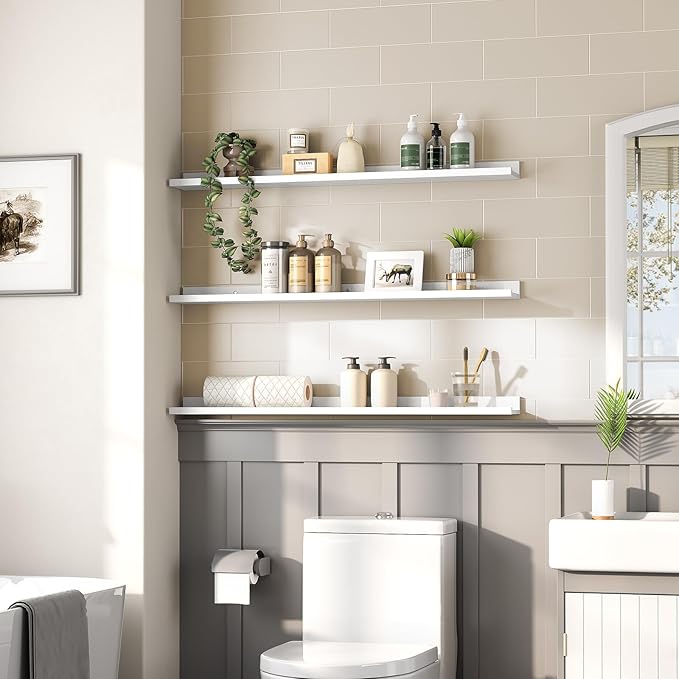 HOOBRO Floating Shelves, Wall Shelf Set of 3, 35.4 Inches Hanging Shelf with Raised Edge and Invisible Brackets, for Bathroom, Bedroom, Kitchen, Office, Living Room Decor, White WT90BJ01