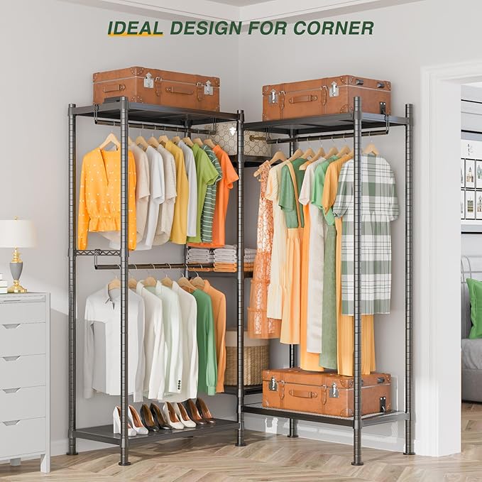 LEHOM G6M Heavy Duty Clothes Rack for Hanging Clothes, Portable Garment Rack Compact Size Closet Organizer, Freestanding Metal Clothing Rack Wardrobe Closet with Storage Shelves for Bedroom(Medium)