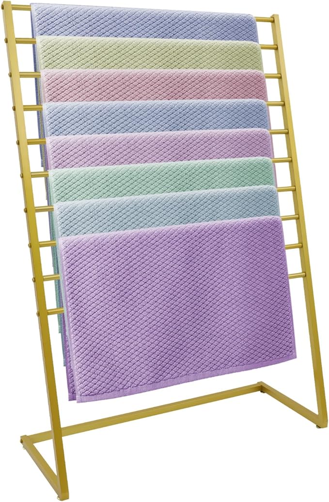 10 Tier Metal Scarf Organizer Holder, Freestanding Scarf Rack, Scarf Holder Organizer for Commercial Clothing Retail Store Towel Rack Ties Belt Pants Hanging (Gold, 39.37 * 15.75 * 57.09in)