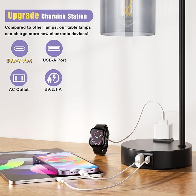 Innqoo Industrial Touch Bedroom Lamps for Bedrooms Set of 2-3-Way Dimmable Table Lamps with USB C+A Ports and Outlet, Bedside Lamps with Gray Glass Shade for Living Room, Desk Lamps for Home Office