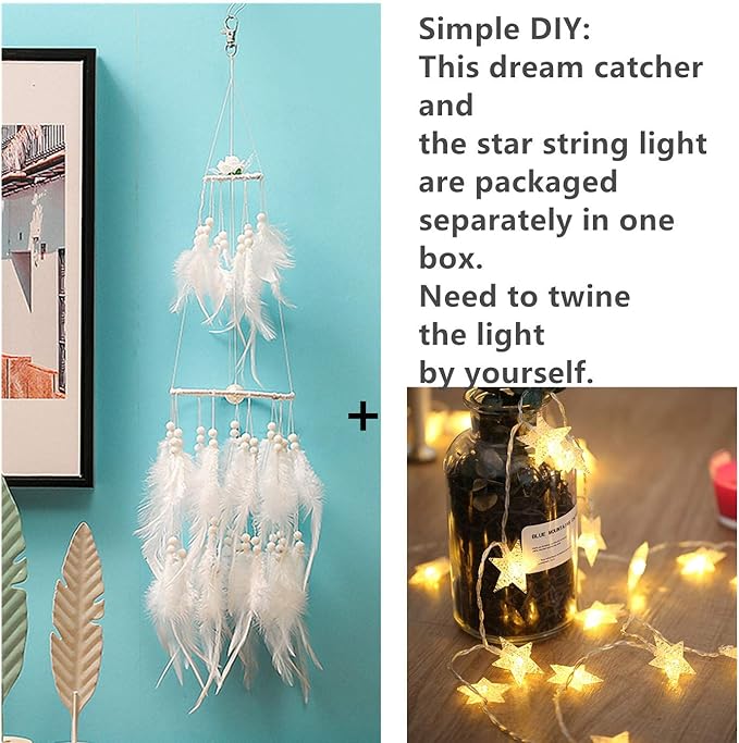 Dremisland Double Circle White Feather Dream Catcher with Mobile LED Fairy Lights Wall Hanging Ornaments Ceiling Decor for Bedroom Decor Wedding Decorations Boho Chic Party Nursery Decor