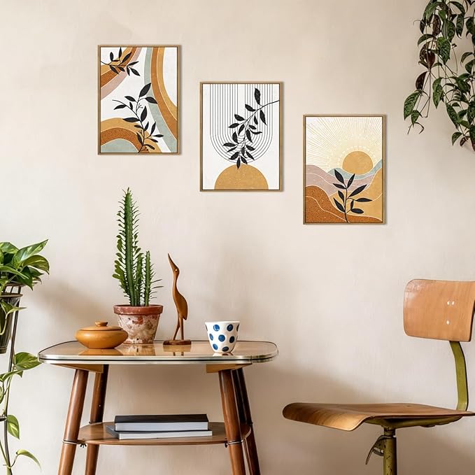 BINCUE Boho Line Wall Art Abstract Plants Wall Decor Mid Century Modern Artwork Framed Boho Abstract Paintings Orange Abstract Wall Pictures Orange Art Prints for Living Room Bedroom Office Farmhouse 12"x16" Set of 3
