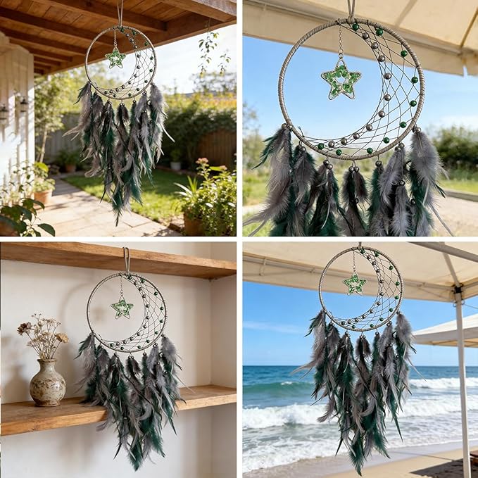 Crystal Dream Catcher,Large Dream Catcher for Adult,Green Boho Dream Catcher Wall Decor with Gemstone Hanging Ornament Girls Dorm Room Decor Festival Gift