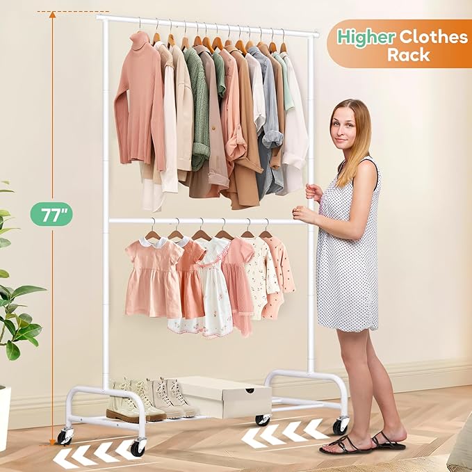 SLEEPING LAMB Double Rod Heavy Duty Clothes Racks for Hanging Clothes, Metal Rolling Garment Rack With Wheels Clothes Hanger Rack Wardrobe Racking for Coats, Shirts (White)