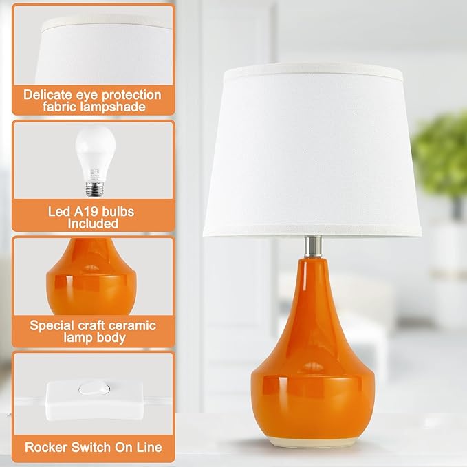GyroVu 18" Table Lamp Set of 2, Ceramic Lamp Classic Beside Lamps Nightstand Lamp Modern Table Lamp for Living Room, Bedroom & Office Rocker Switch Orange-LED Bulbs Included
