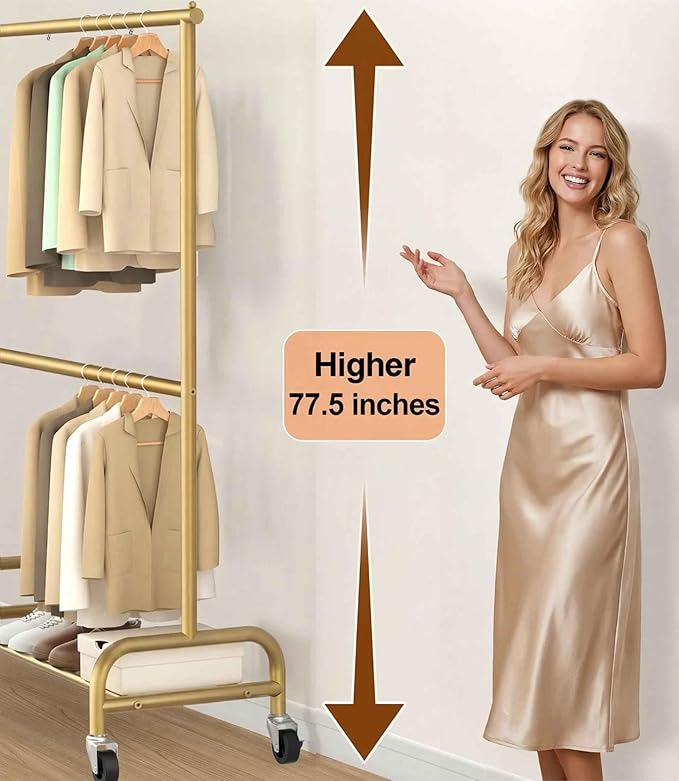 MISSLO Heavy Duty Clothes Rack for Hanging Clothes Rolling Clothing Rack Heavy Duty on Wheels for Coat, Garment, Gold(Double Rod)