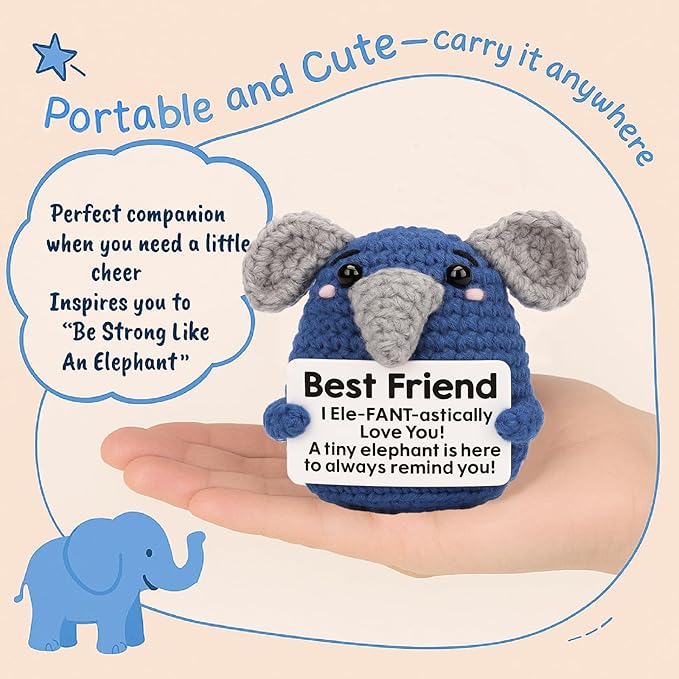 for Women Men, Handmade Crochet Elephant Doll, Cute Emotional Support Animal Gift for Friends, Inspirational Cheer Up Gift, Birthday Graduation Gift Idea