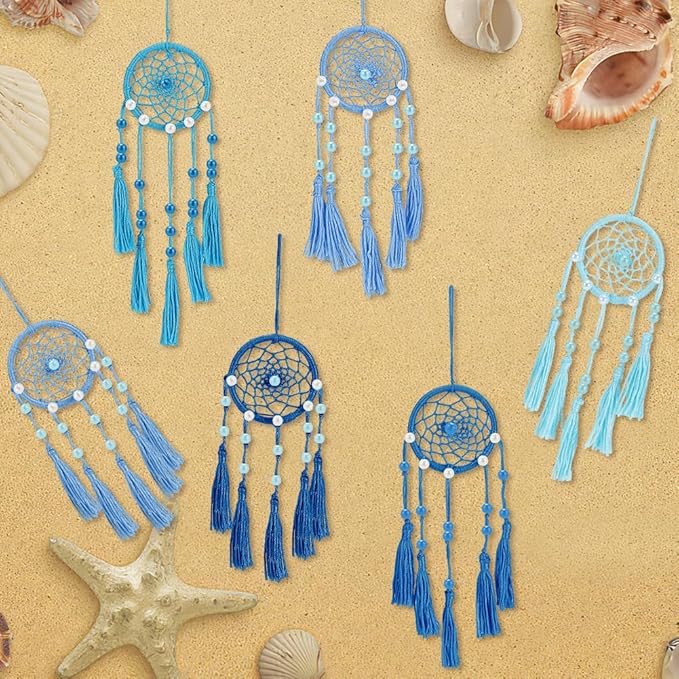INFUNLY 12PCS DIY Small Dream Catcher Kit Handmade Blue Dreamcatcher for Adult Beginners DIY Mini Hanging Ornament Starter Making Kit for Bedroom Car Mirror Keychain bag Bohemian Decoration Craft Gift
